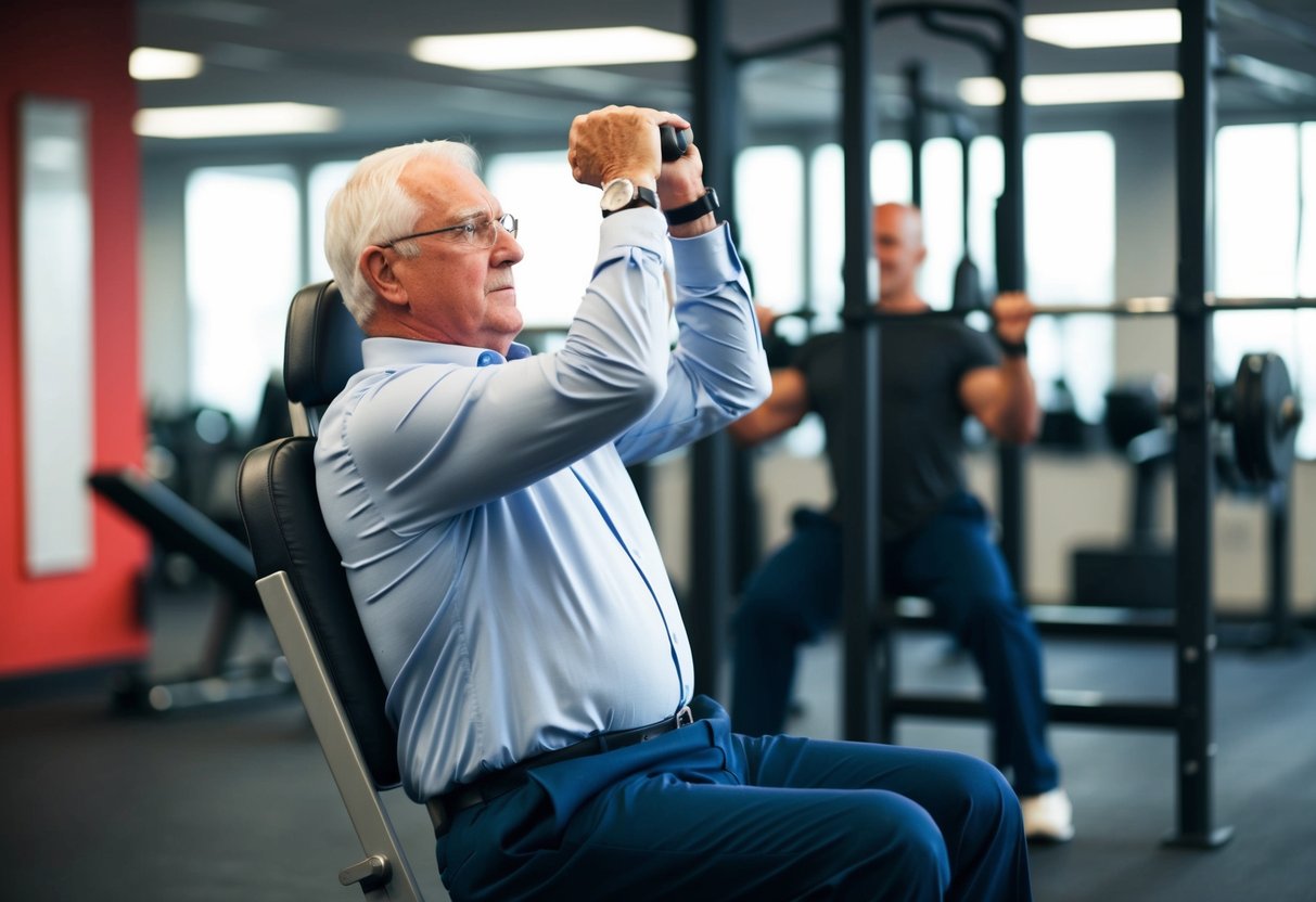 A senior using a sturdy chair to perform tricep dips, with proper form and concentration