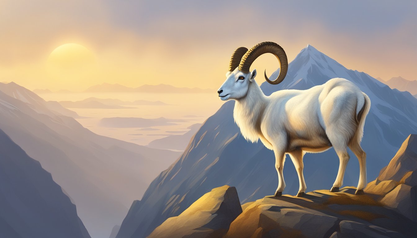 A lone dall sheep stands on a rocky mountain ridge, surrounded by mist and illuminated by the golden light of the setting sun