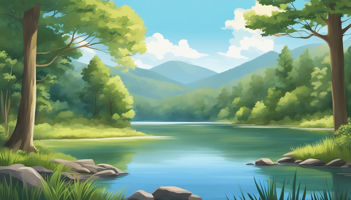 A serene lake nestled in a lush forest, with a gentle stream flowing into it. A clear blue sky above, perfect for dove hunting