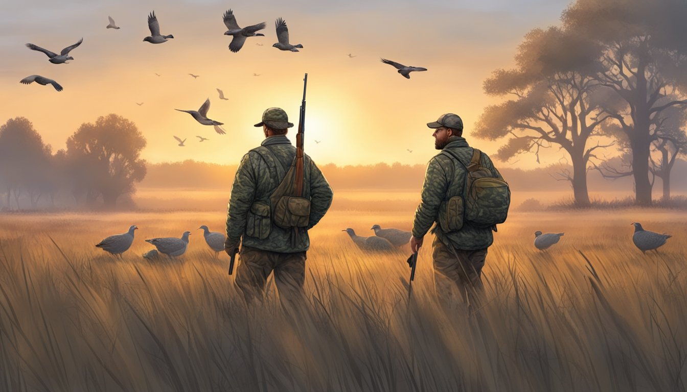 A hunter in camouflage waits in a field at dawn, shotgun at the ready, as a covey of gray partridges takes flight