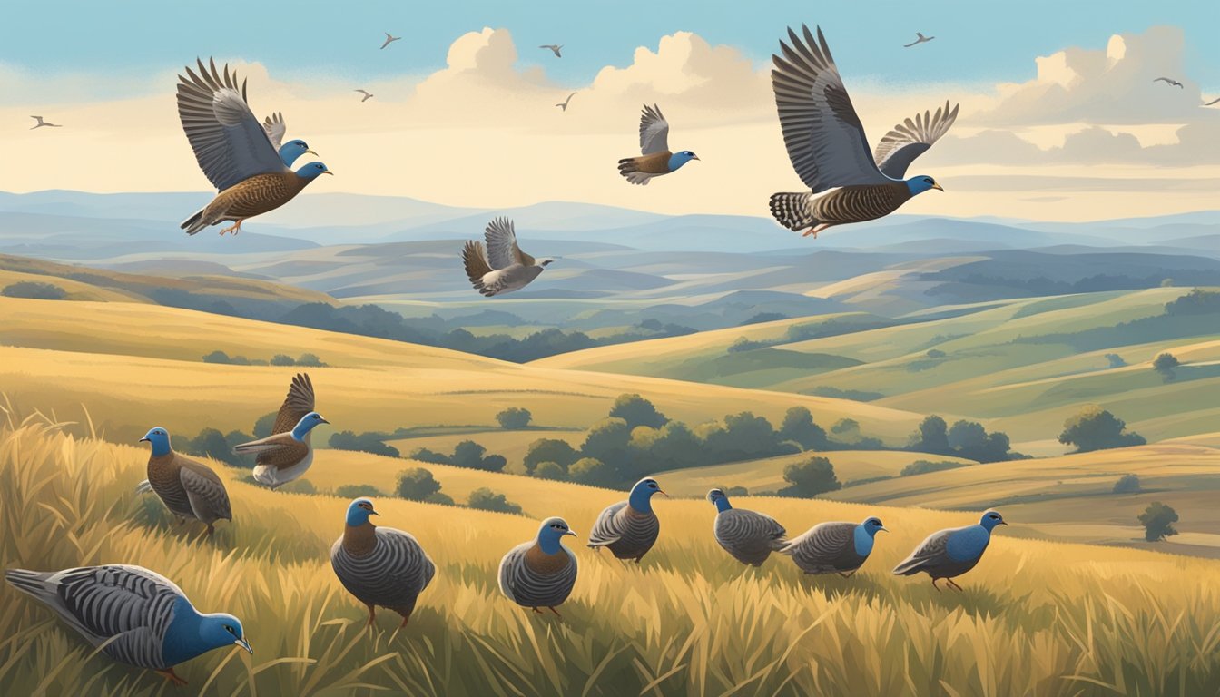 Open fields with rolling hills under a clear blue sky. A group of gray partridges take flight as a hunter and dog move through the landscape