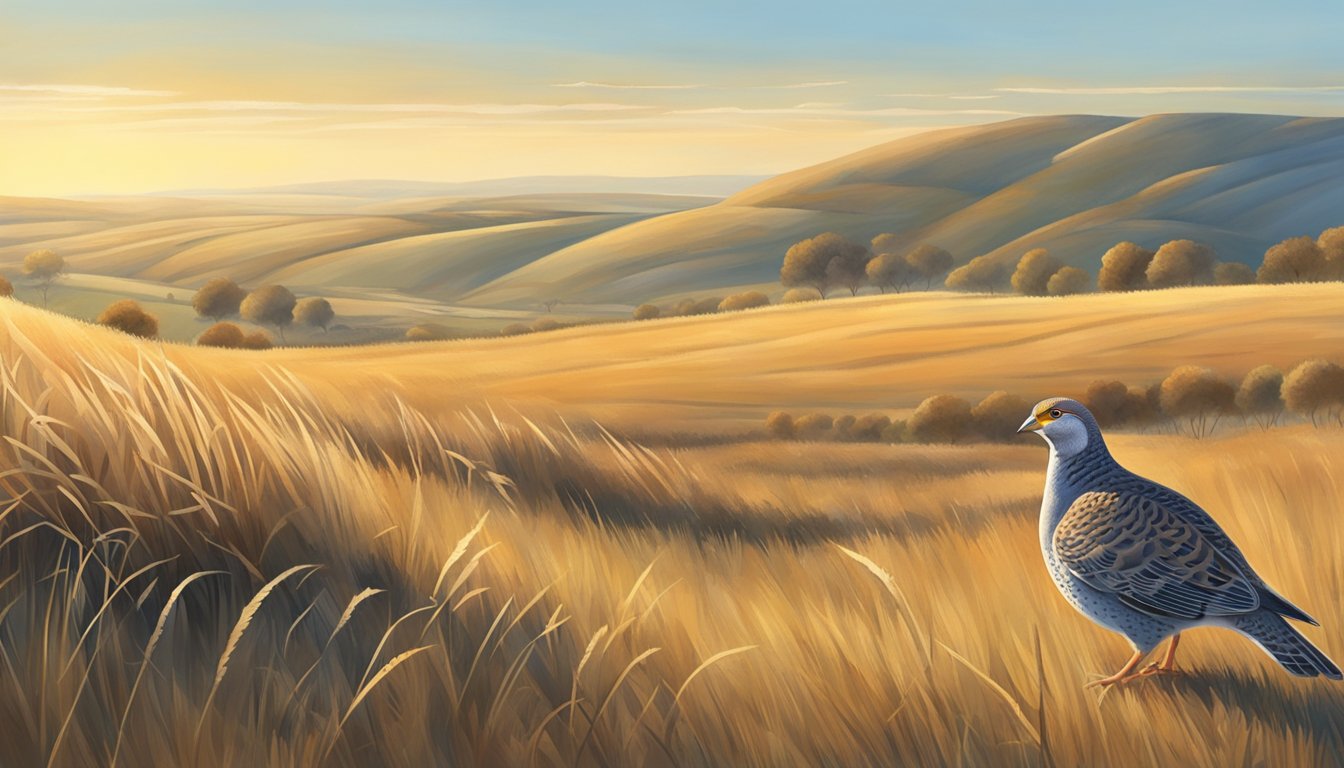 Gray partridge hunting in a vast open field with rolling hills, under a clear blue sky, with a gentle breeze and the sun casting a warm golden glow