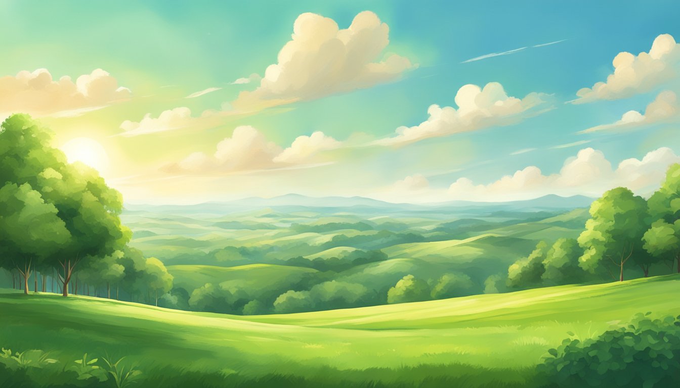 A clear, sunny sky with a gentle breeze, a lush green landscape, and a few scattered clouds