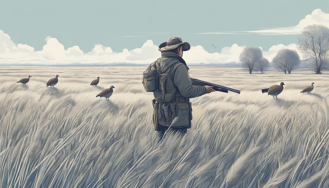 A hunter with shotgun in a vast, open field under a clear blue sky, with a few gray partridges in the distance