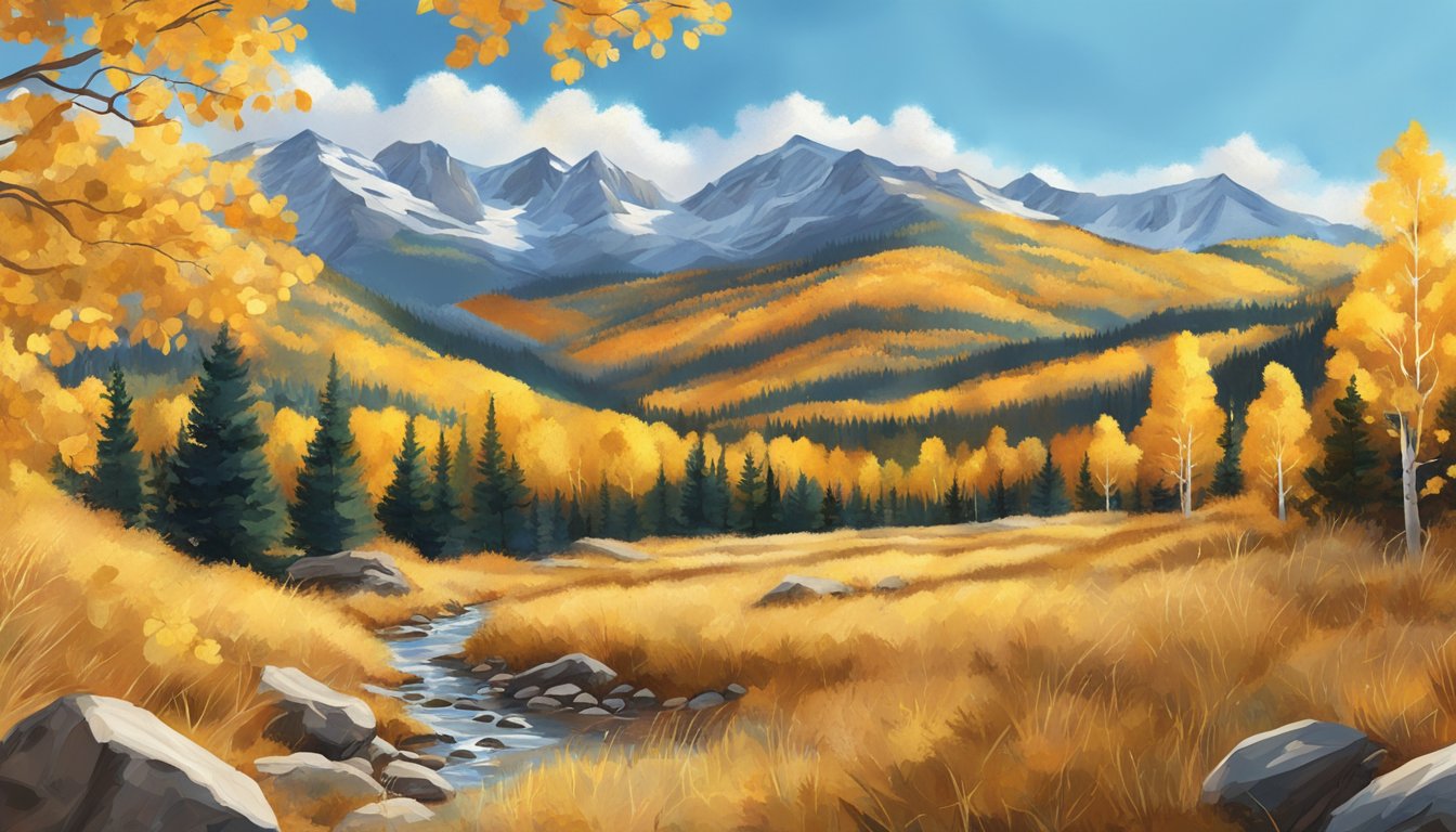 A crisp autumn morning in the Rocky Mountains, with golden aspen leaves rustling in the breeze and a clear blue sky overhead