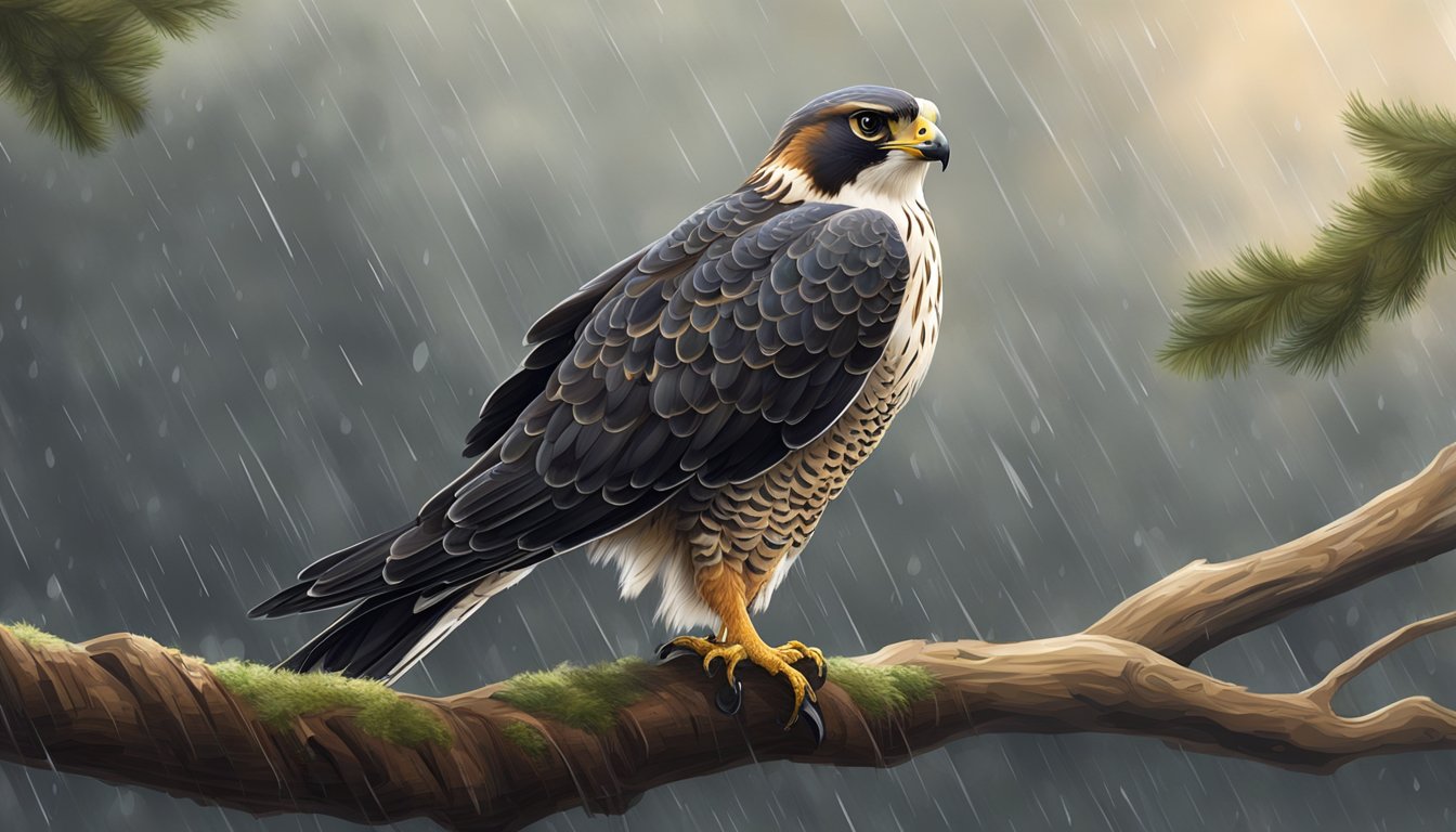 A falcon perched on a tree branch, scanning the ground below, as rain falls gently, creating a serene atmosphere for falconry hunting