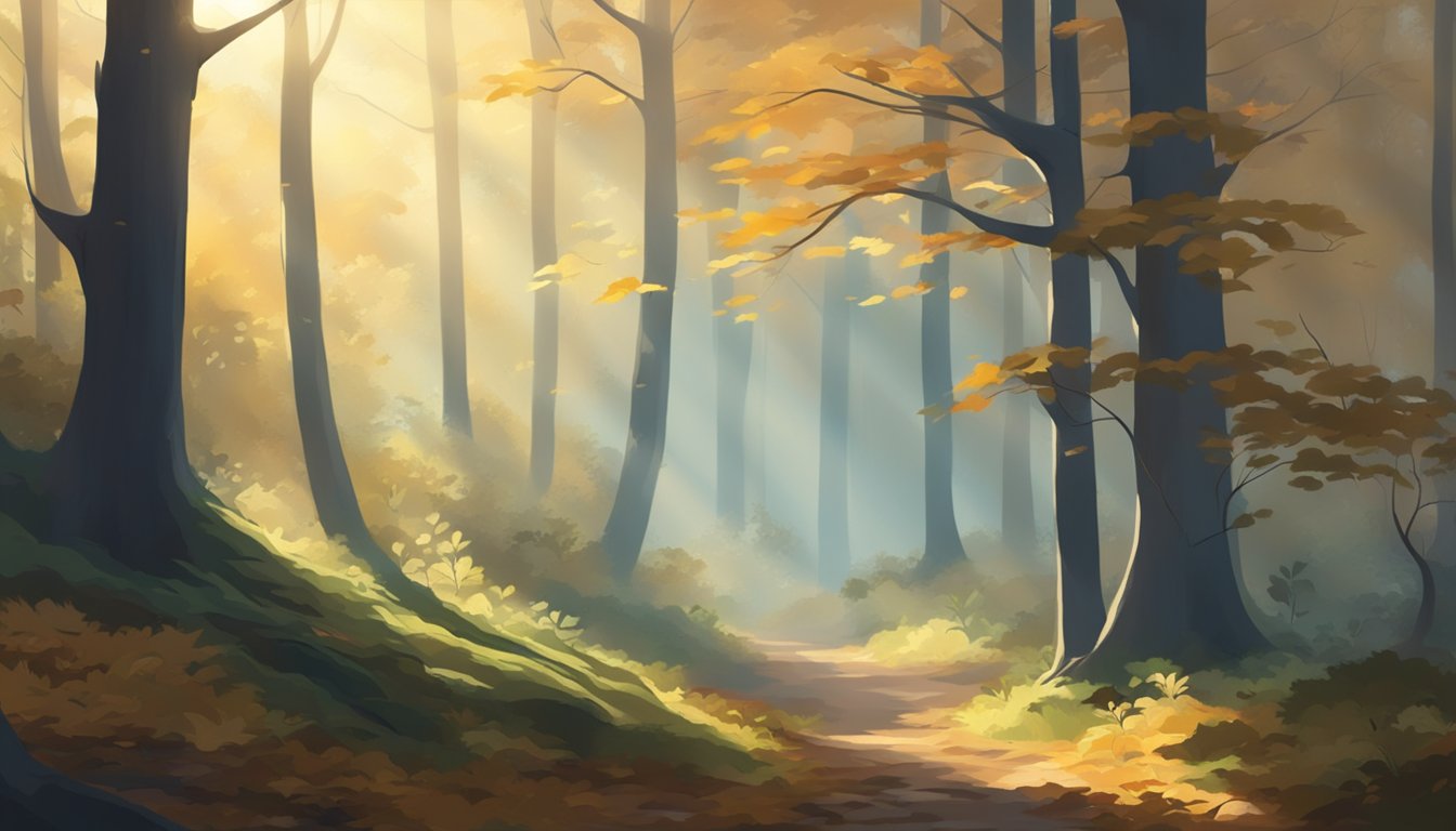 A misty morning in the forest, with damp earth and fallen leaves. Sunlight filters through the trees, casting dappled shadows on the forest floor