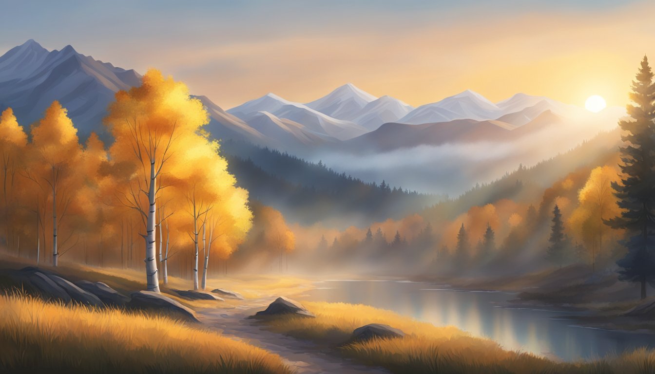 A misty morning in the mountains, with the sun just beginning to rise over the horizon. The air is cool and crisp, with a light breeze rustling the leaves of the aspen trees