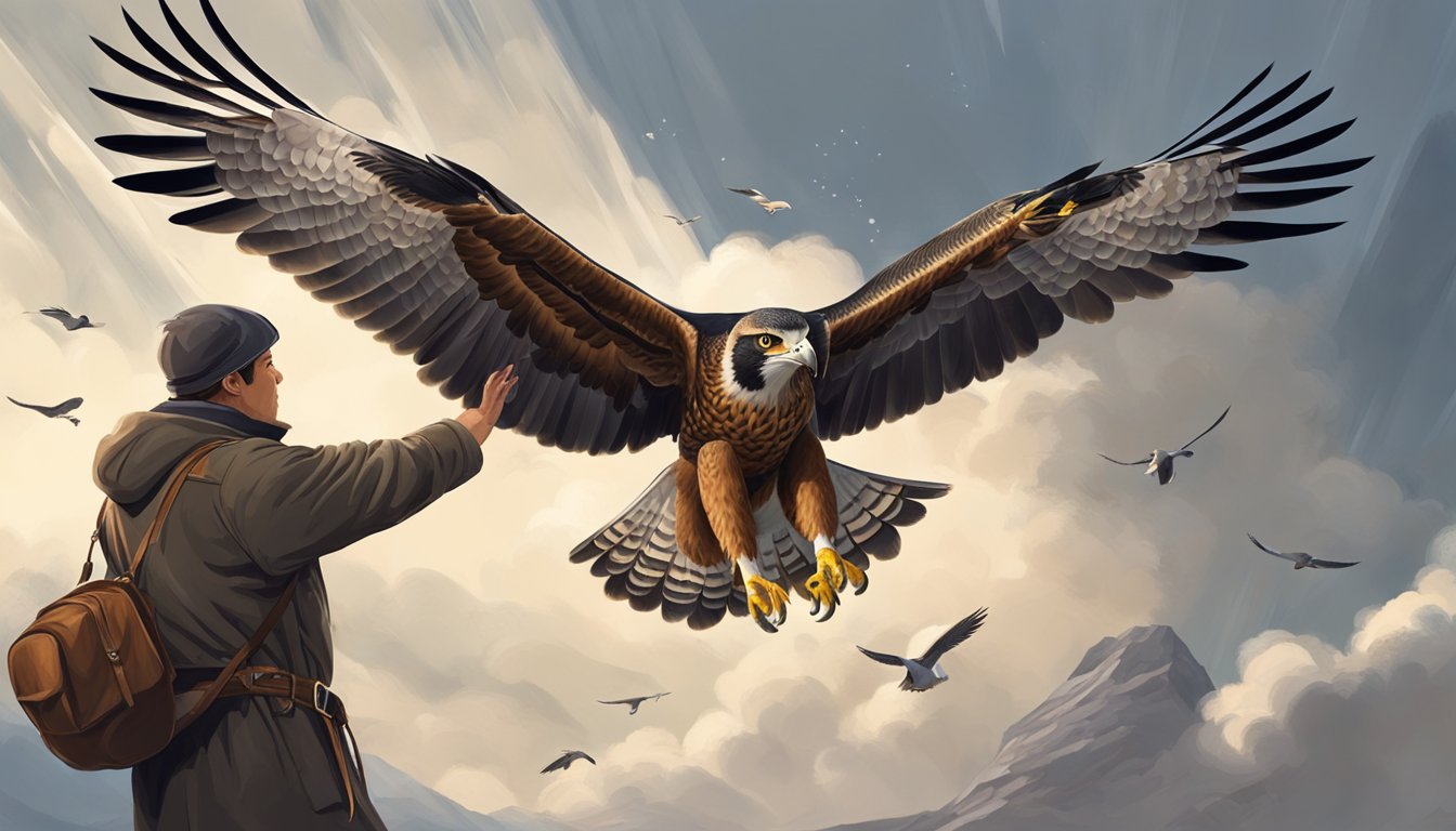 A falconer releasing a trained bird of prey into the open sky, with different weather conditions such as clear skies, wind, and rain depicted in the background