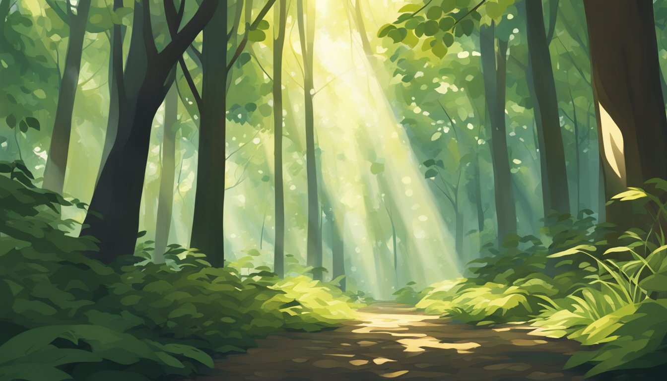 Sunlight filtering through the dense forest canopy, casting dappled shadows on the forest floor. A light breeze rustles the leaves and the air is cool and crisp