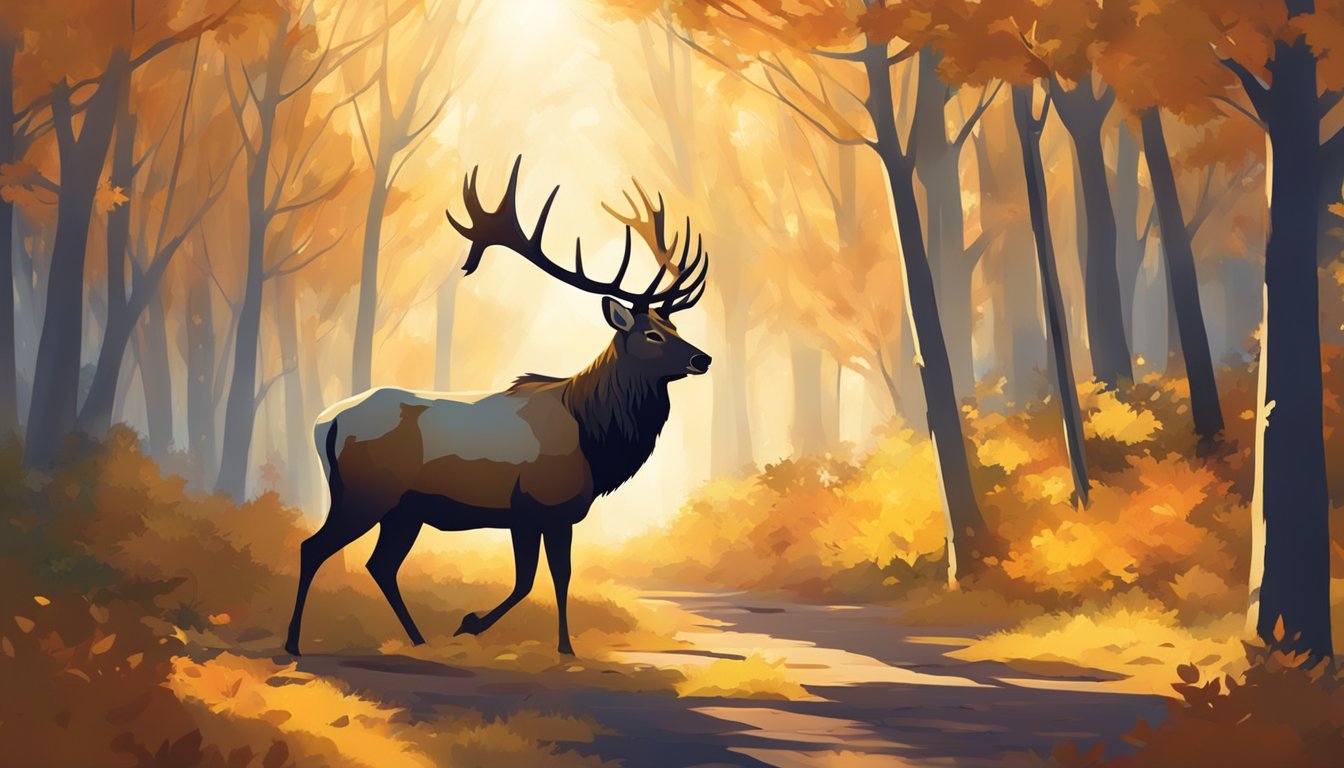 Golden sunlight filters through the dense forest, casting long shadows on the ground. A majestic elk stands alert in a clearing, surrounded by vibrant autumn foliage