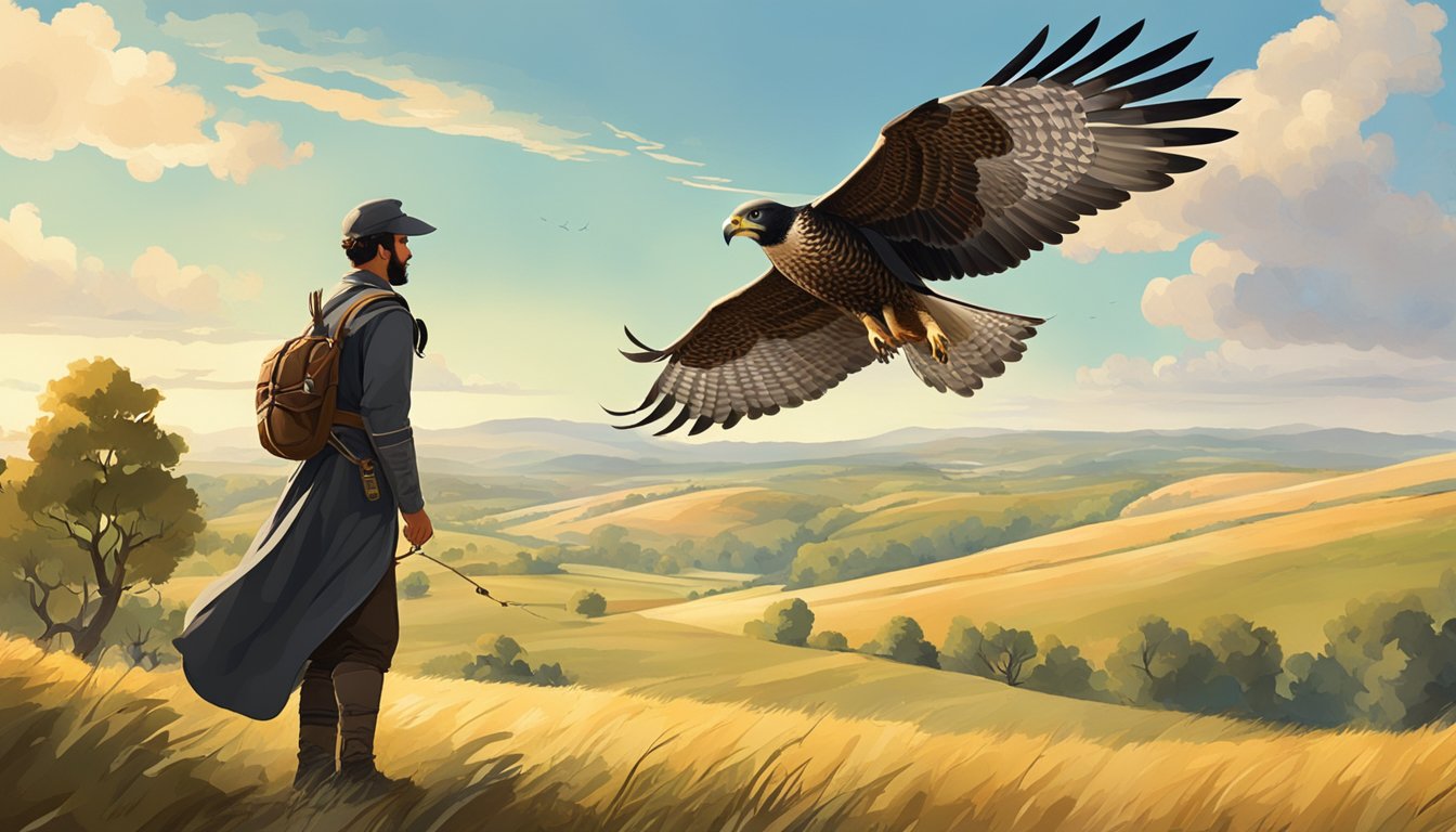 A clear, sunny day with a light breeze, showcasing a falconer and their falcon hunting in a wide open field with scattered trees and rolling hills in the background