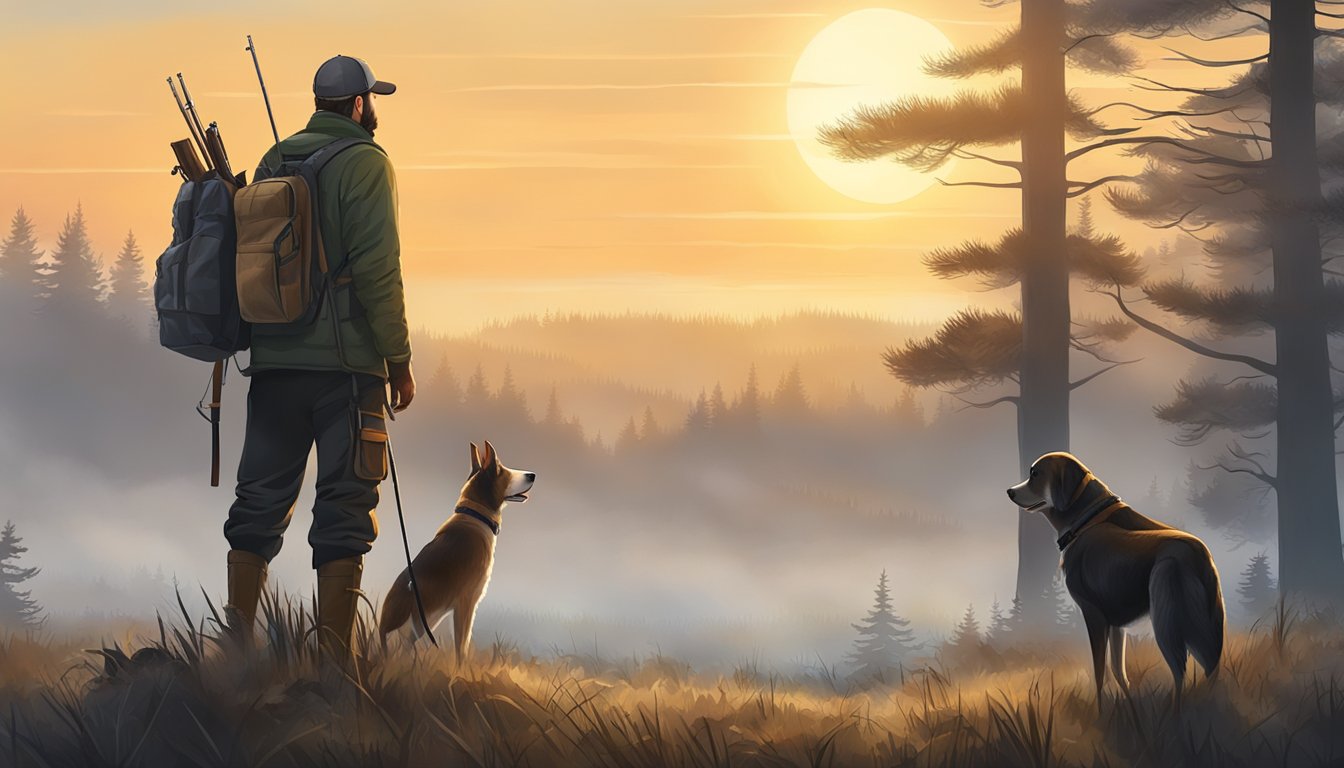 A misty morning in a wooded area, with a hunter's gear laid out and a loyal dog eagerly waiting, as the sun rises for grouse hunting