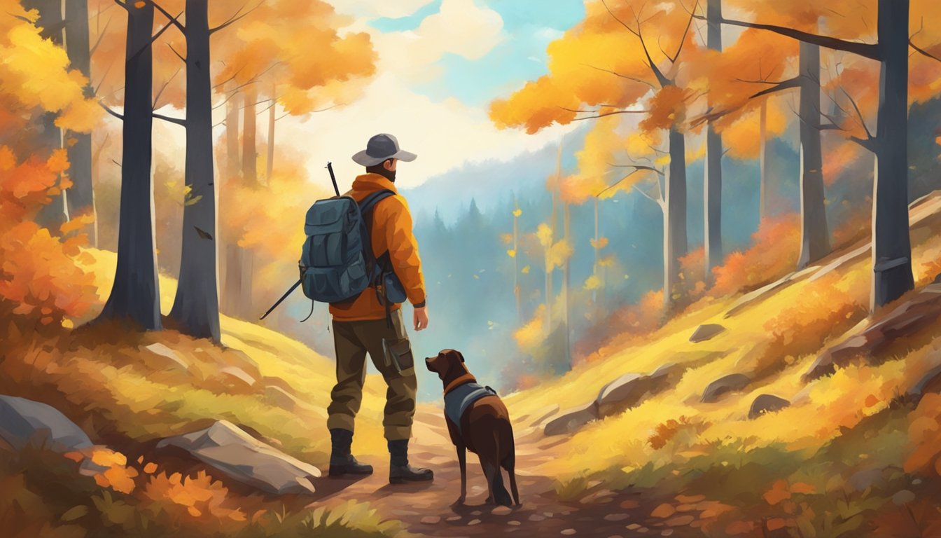 A sunny autumn day in the forest, with a hunter and dog searching for grouse among the colorful foliage