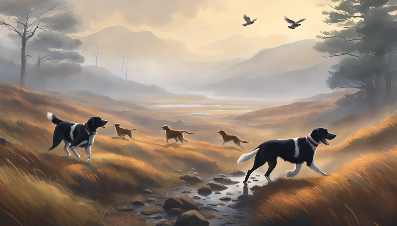 A misty morning in a remote moorland, with a pair of hunting dogs eagerly sniffing the damp earth as a group of grouse take flight in the distance