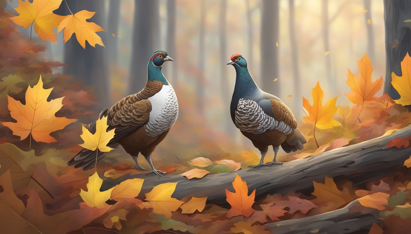 A misty morning in the forest, with colorful autumn foliage and a gentle breeze. A pair of grouse are nestled among the fallen leaves