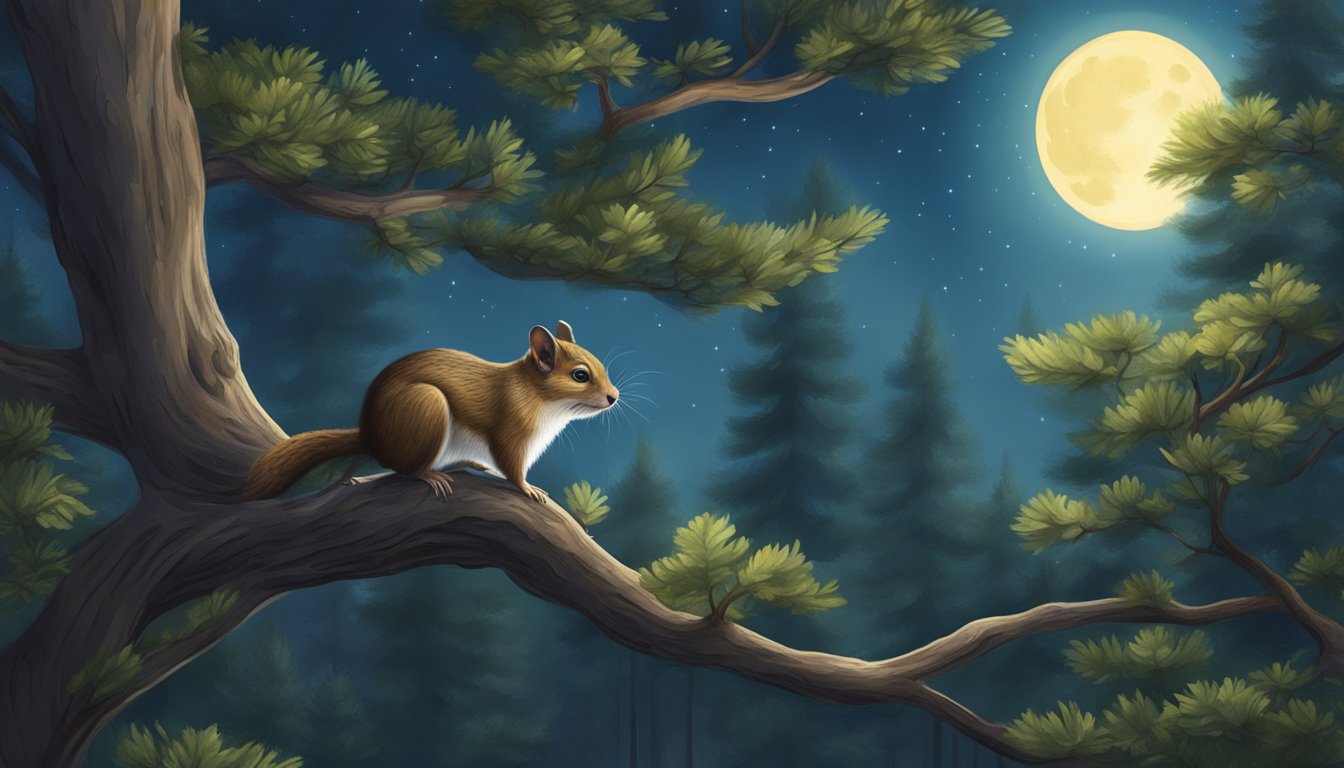 A moonlit forest with a flying squirrel perched on a tree, its eyes glinting as it prepares to leap into the night sky