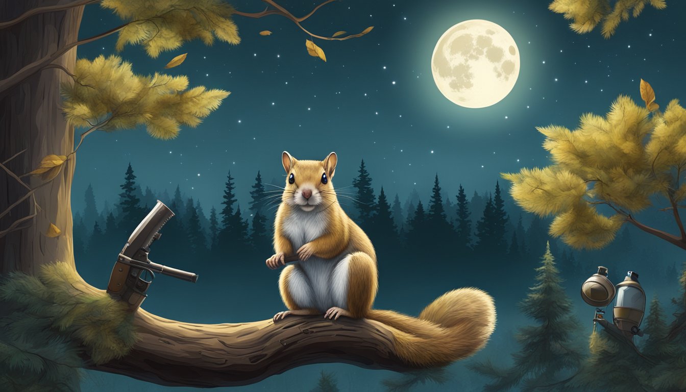 A moonlit forest with a flying squirrel perched on a tree branch, surrounded by hunting equipment essentials