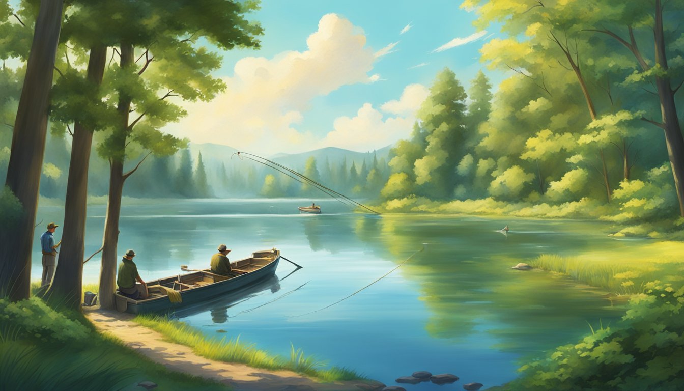 A sunny day with a clear blue sky, a calm lake surrounded by lush green trees, and a few fishermen casting their lines into the water