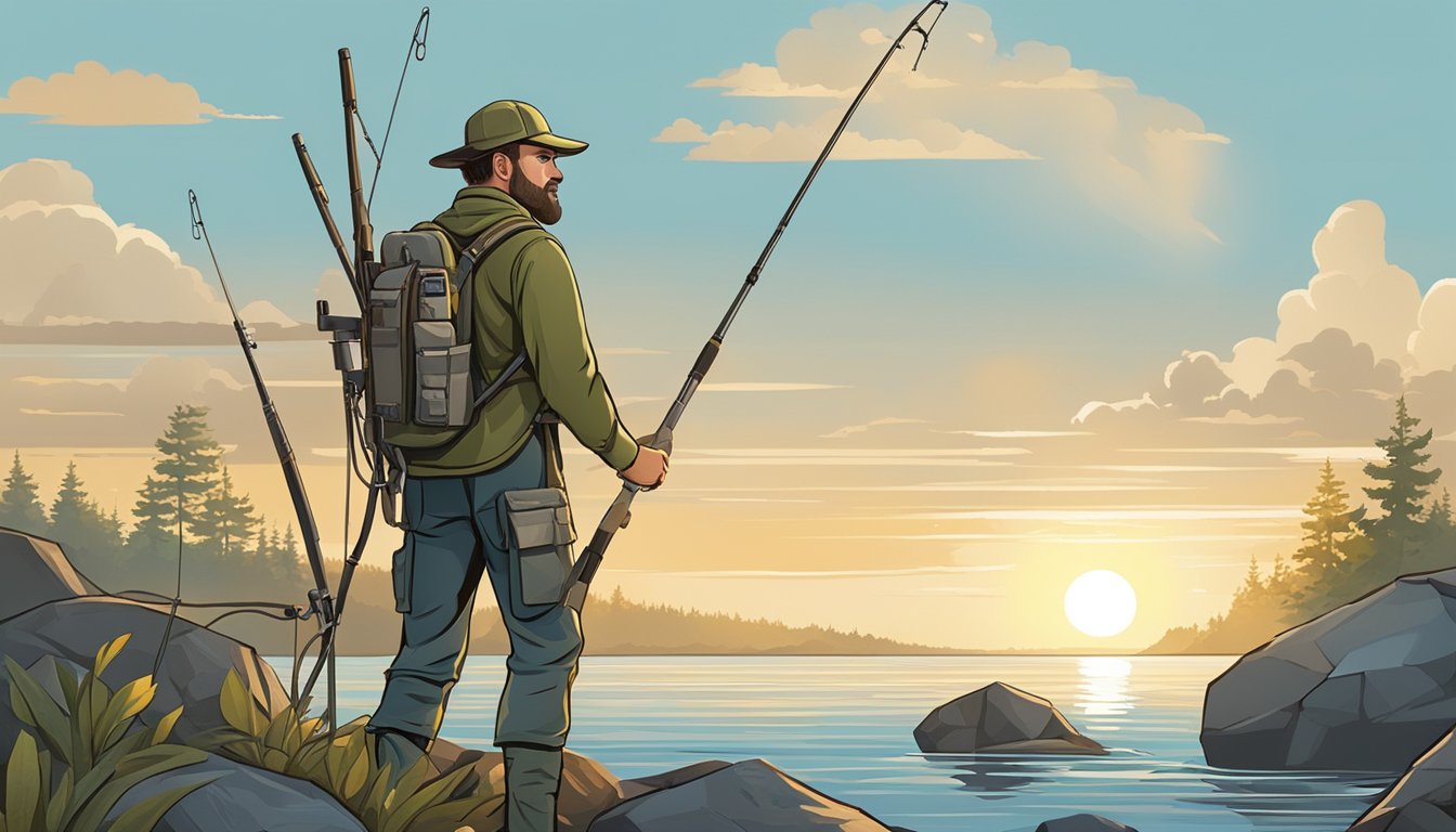 A fisher hunter stands on a rocky shore, surrounded by essential technological gear - a sturdy boat, fishing rods, sonar equipment, and weather monitoring devices. The sky is clear and the sun is shining, indicating ideal weather for fisher hunting