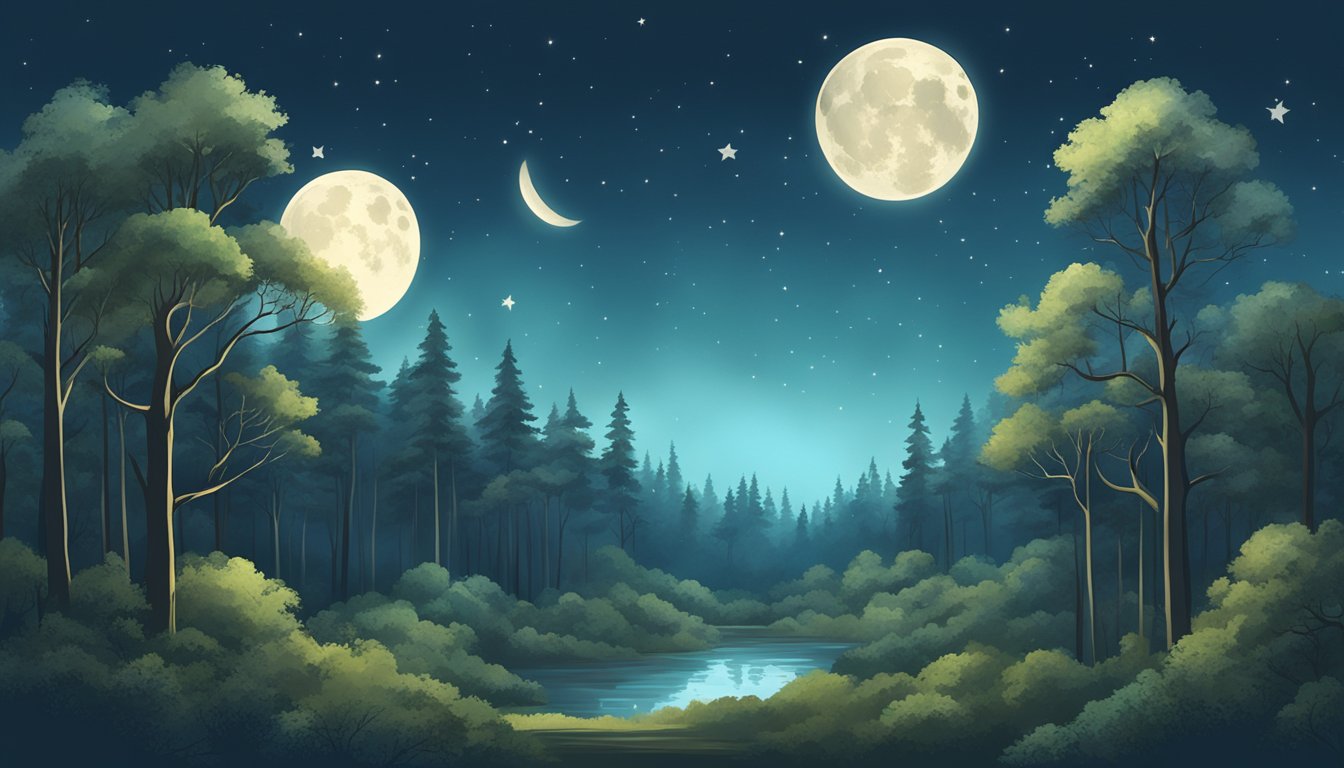 A moonlit forest with scattered clouds, a gentle breeze, and a clear sky, perfect for flying squirrel hunting