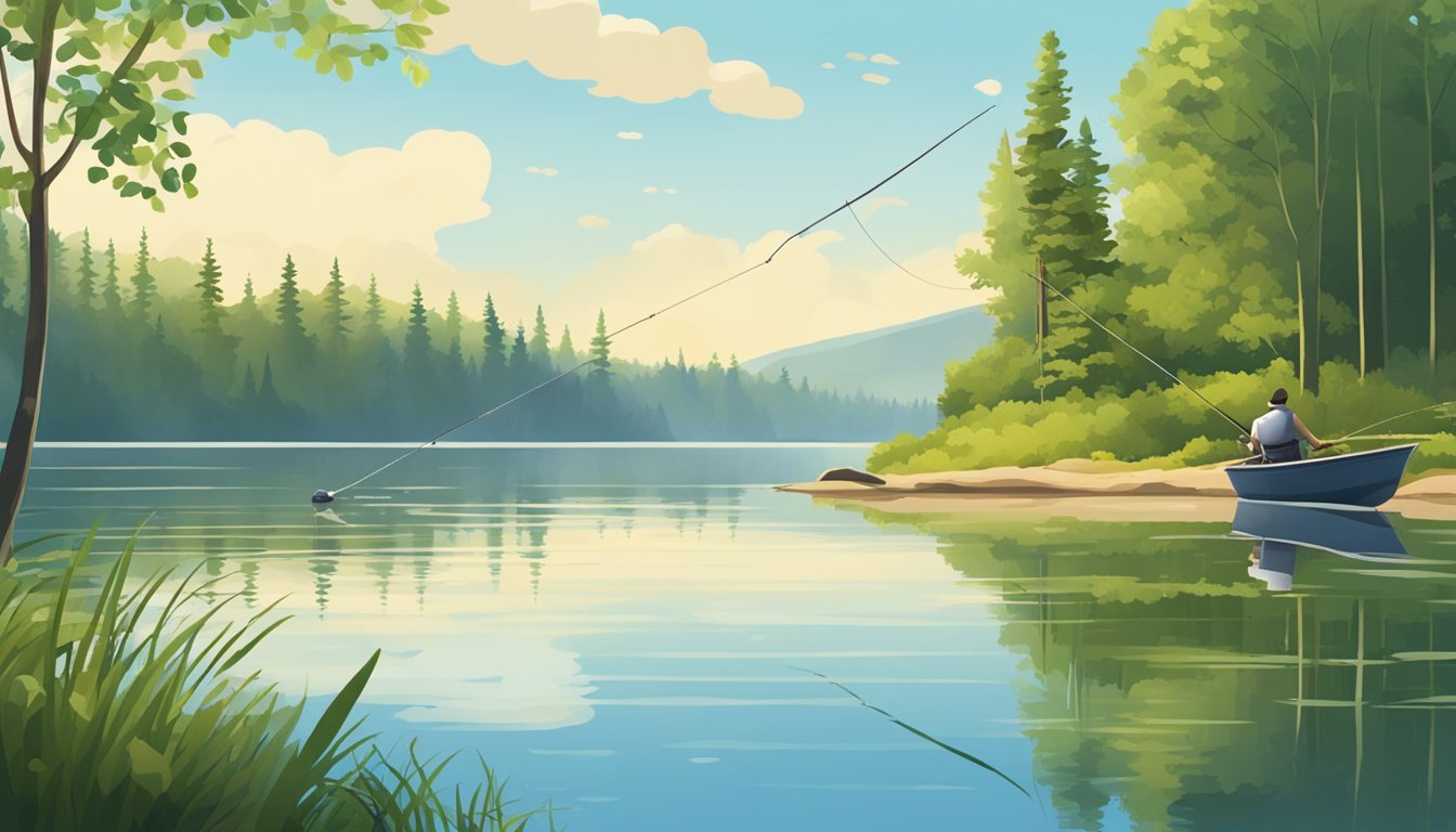 A serene lakeside with calm waters, surrounded by lush green trees and a clear blue sky. A fishing rod is set up on the shore, waiting for a bite