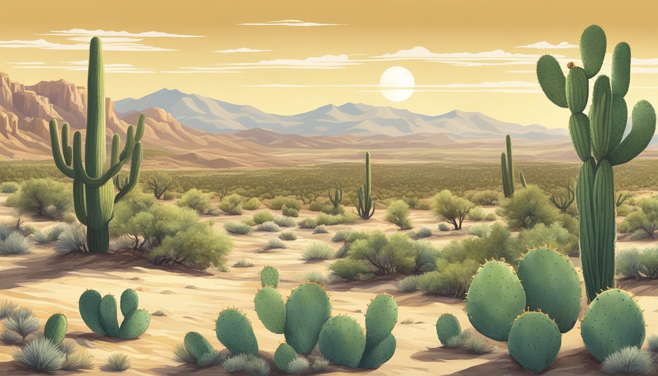 A dry, desert landscape with prickly pear cacti and mesquite trees, under a clear sky with a bright sun