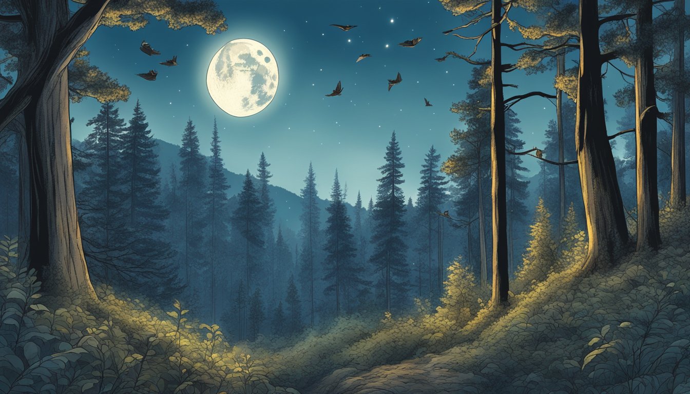 A moonlit forest with a clear sky, where flying squirrels soar among the trees, surrounded by signs indicating regulatory compliance and conservation efforts