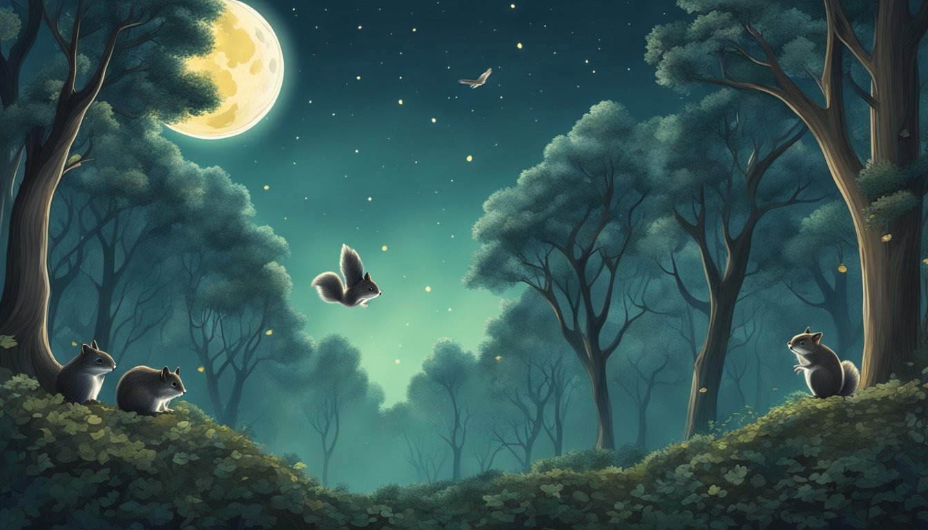 A moonlit forest with tall trees, scattered nuts, and flying squirrels gliding between branches