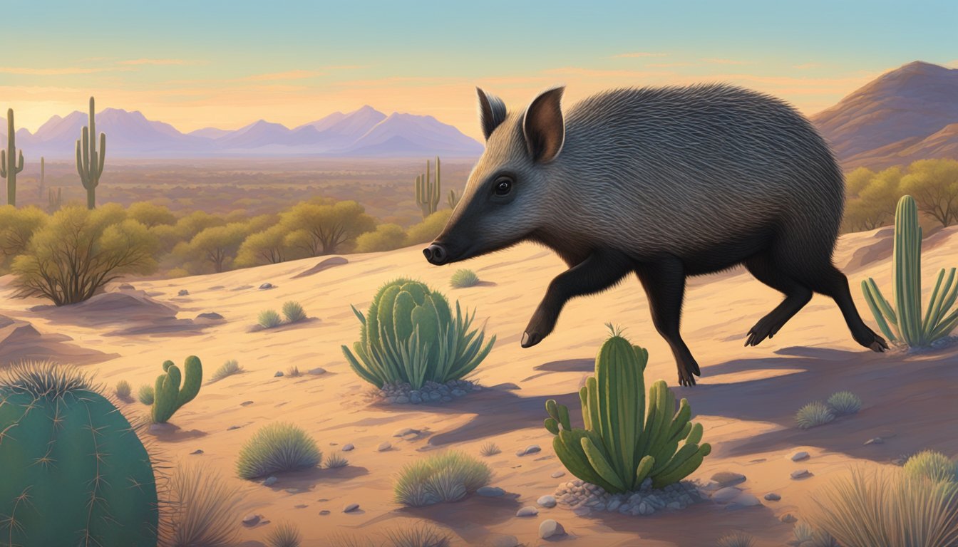 A javelina hunting scene at dawn with a clear sky, cacti, and desert shrubs in the background