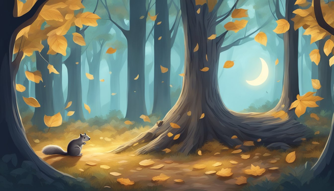 A moonlit forest with a gentle breeze, fallen leaves covering the ground, and a cozy tree hollow for a flying squirrel to rest after the hunt