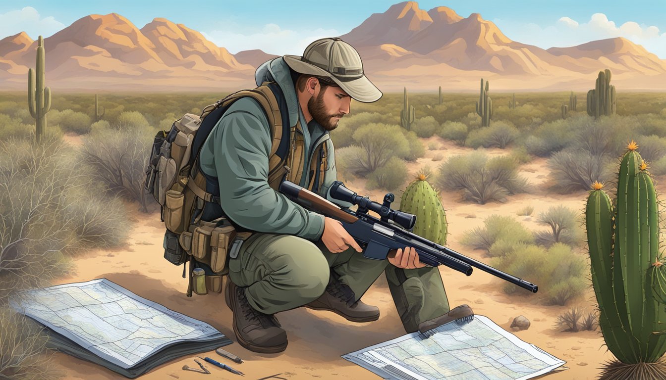 A hunter checks the forecast and maps, packing gear for javelina hunting in a desert landscape with cacti and scrub brush