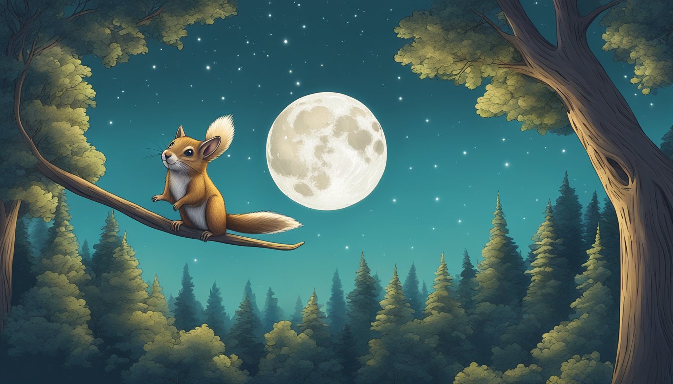 A moonlit forest with tall trees and a clear sky, showing a flying squirrel gliding gracefully through the air