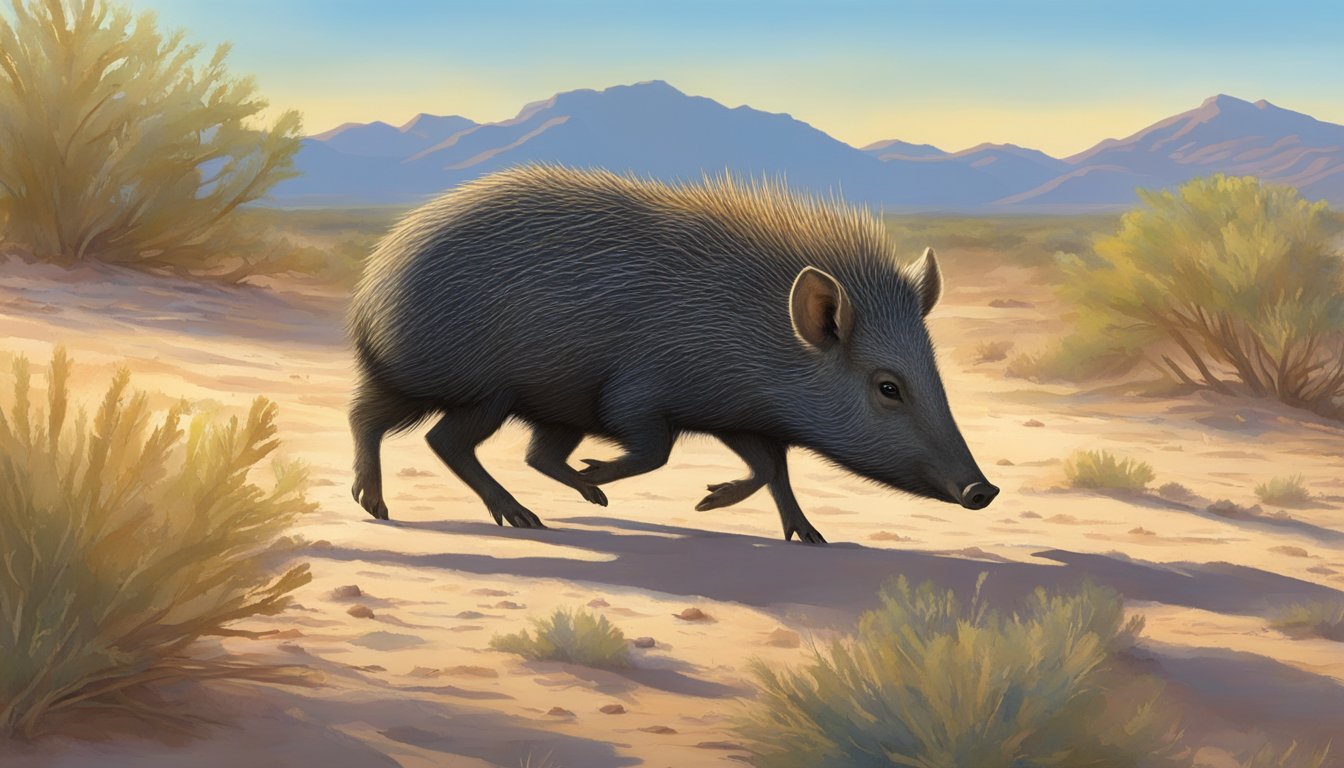 A lone javelina cautiously forages in the dry desert brush, scanning the horizon for potential threats. The sun beats down, casting long shadows as the animal searches for food in the arid landscape