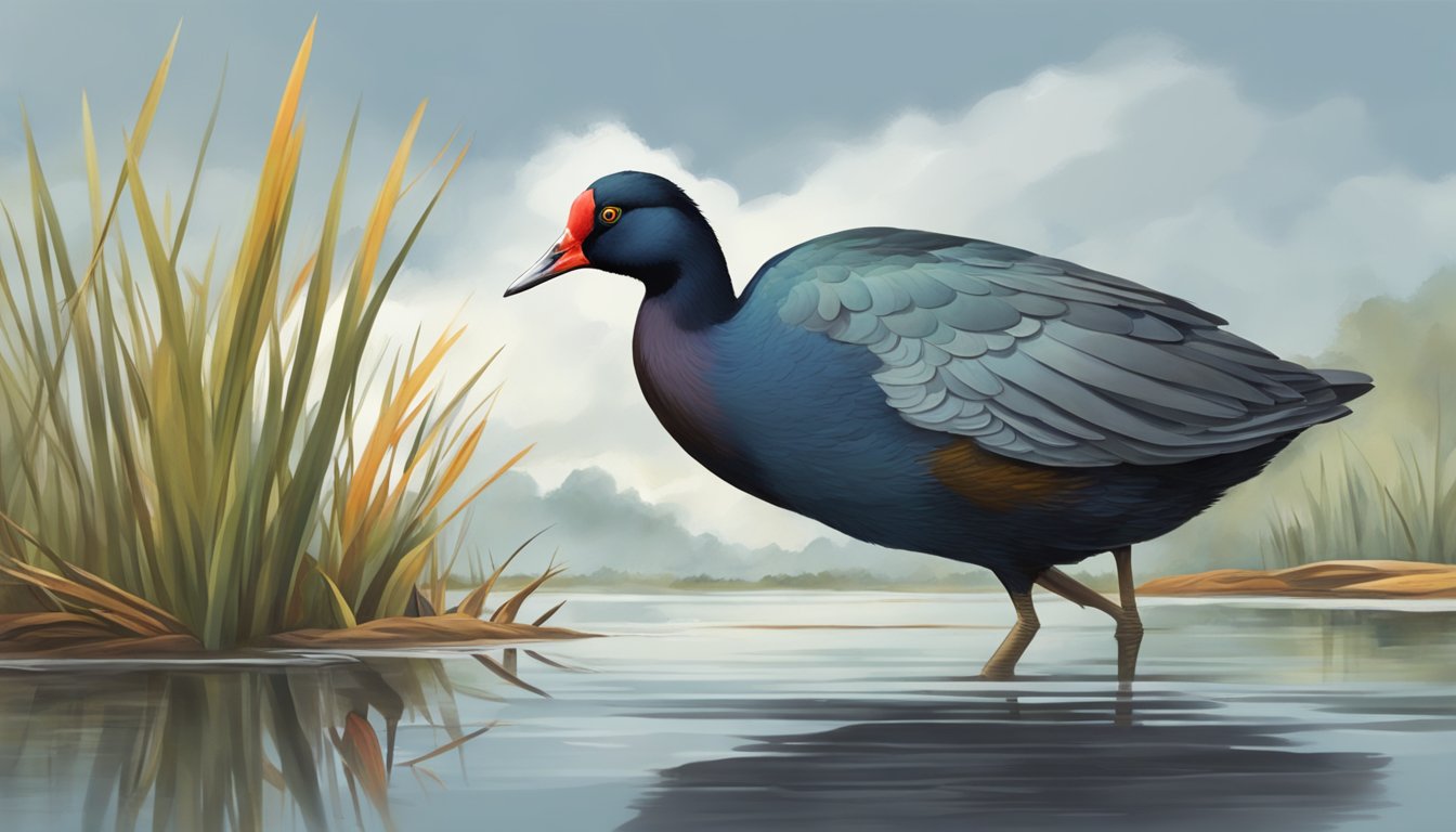 A gallinule wades in a shallow marsh, under a cloudy sky. It stretches its neck to hunt for food in the calm water