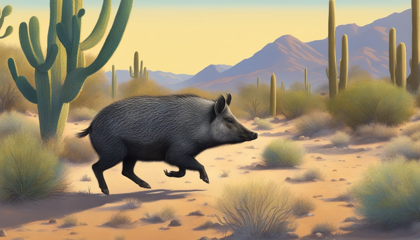 A hunter tracking javelina through a desert landscape on a clear, sunny day with cacti and scrub brush