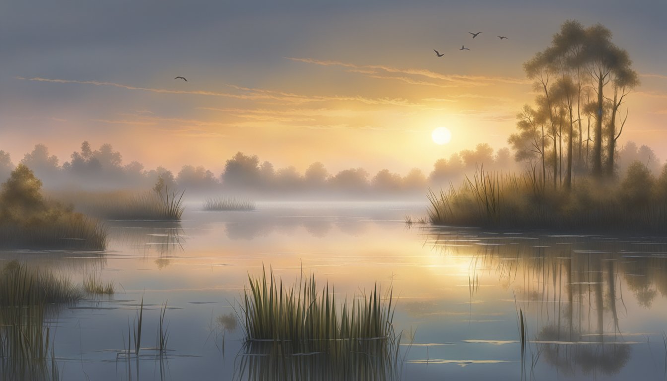 A misty marsh at dawn, with still waters and a hint of sunlight breaking through the clouds, creating the optimal weather conditions for gallinule hunting