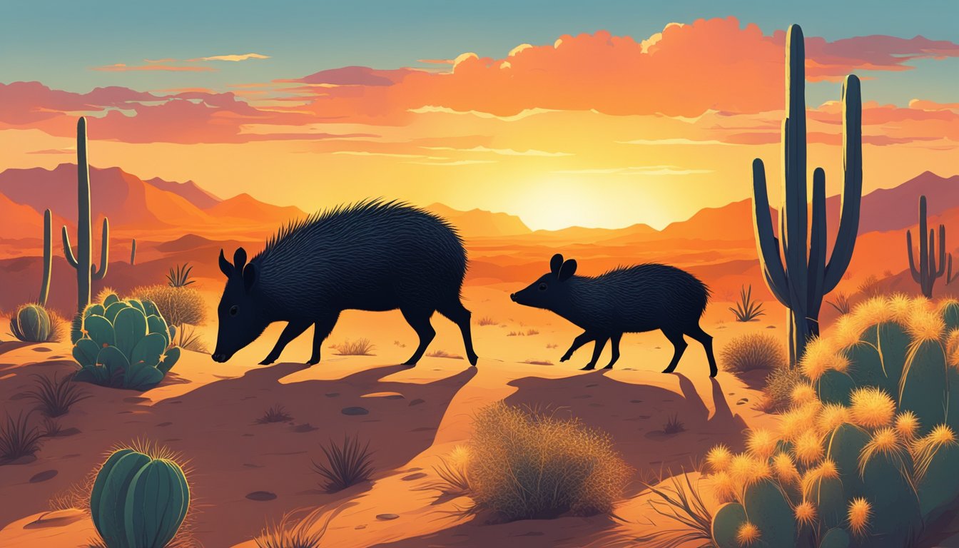 The sun sets over a vast desert landscape, casting a warm glow on the cacti and brush. A group of javelina forage for food, their silhouettes against the orange sky