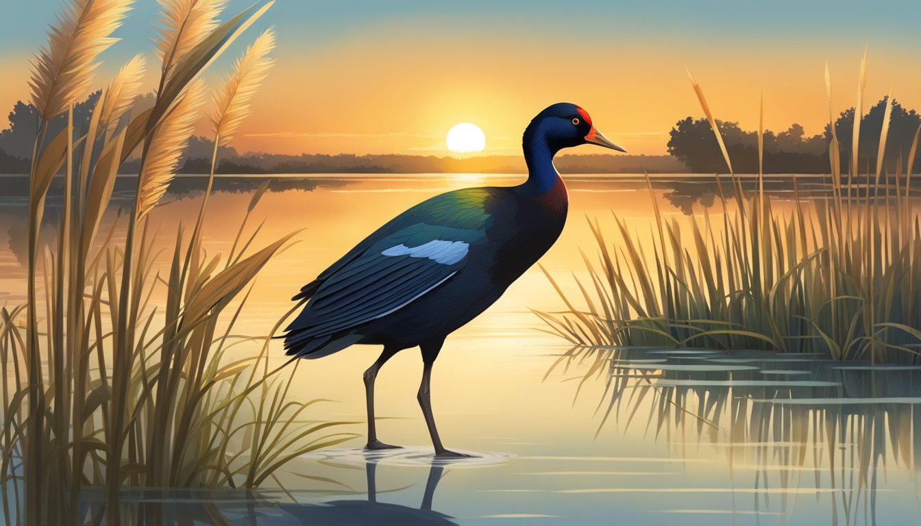 A gallinule perched on a reed in a marsh, surrounded by tall grasses and water, with the sun setting in the background