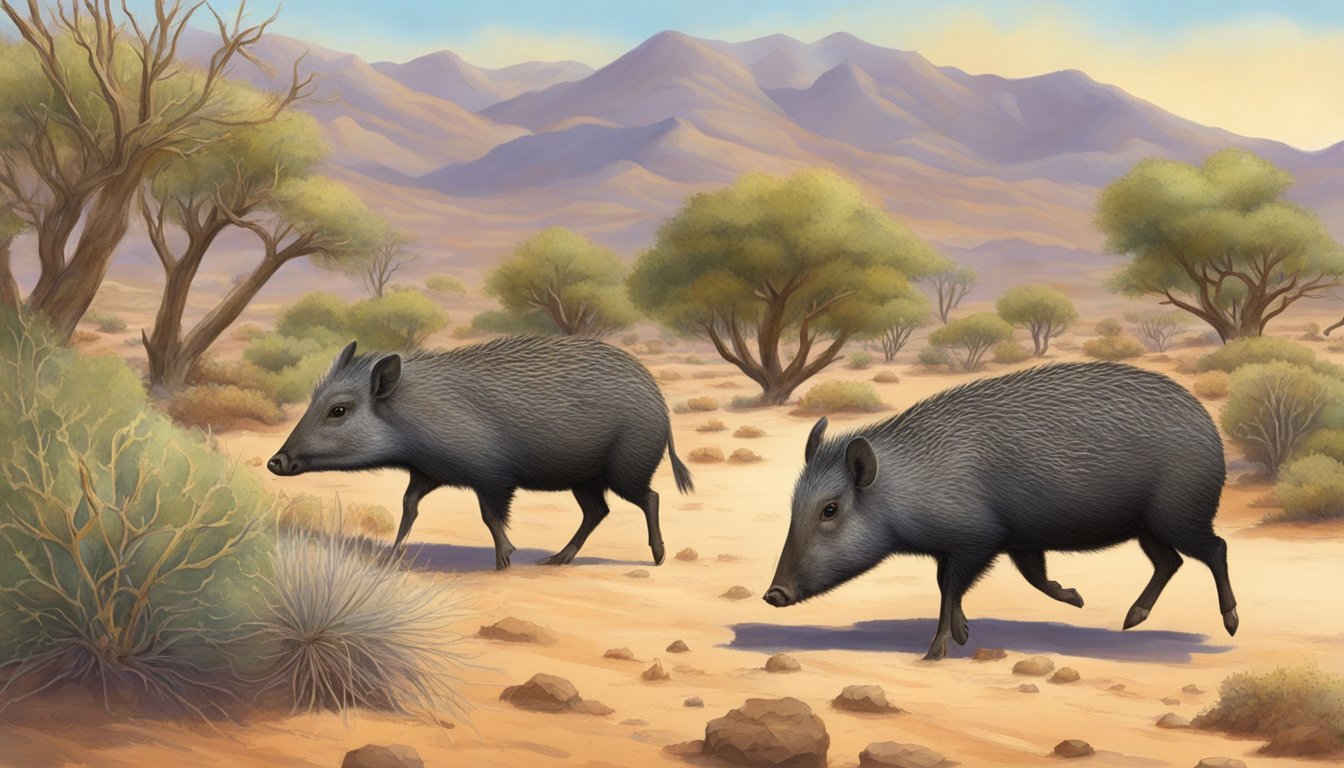 A group of javelinas foraging for food in the warm, dry desert landscape of Javelina Country