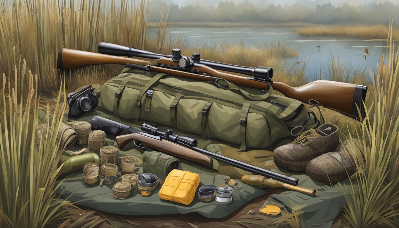 A gallinule hunter's gear and equipment laid out in a marshy wetland setting, with a shotgun, camouflage clothing, duck decoys, and a hunting blind