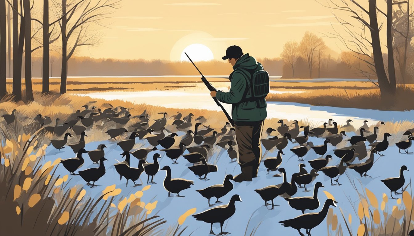 A hunter arranges decoys in a field on a clear, crisp morning, selecting the best spots for goose hunting