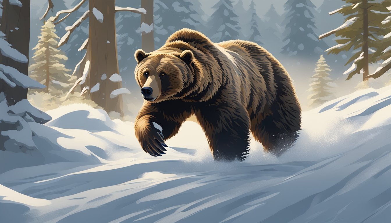 A grizzly bear prowls through a snowy forest, its keen sense of smell guiding it through the crisp, cold air