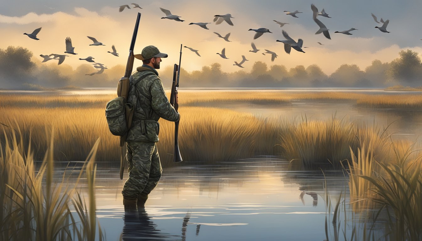 A hunter in camouflage gear stands in a marshy wetland, holding a shotgun, surrounded by tall grass and water, with a flock of geese flying overhead