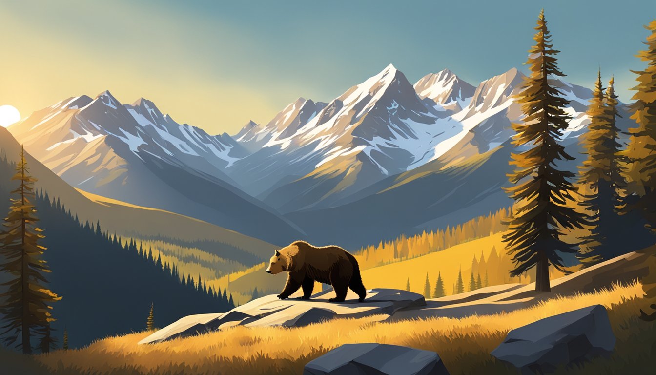 A rugged mountain landscape with clear skies and golden sunlight, casting long shadows over a dense forest where a grizzly bear prowls