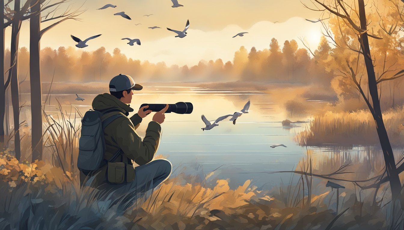 A hunter sits in a blind, binoculars in hand, scanning the sky for geese in the early morning light. A weather app is open on their phone, checking for the best conditions