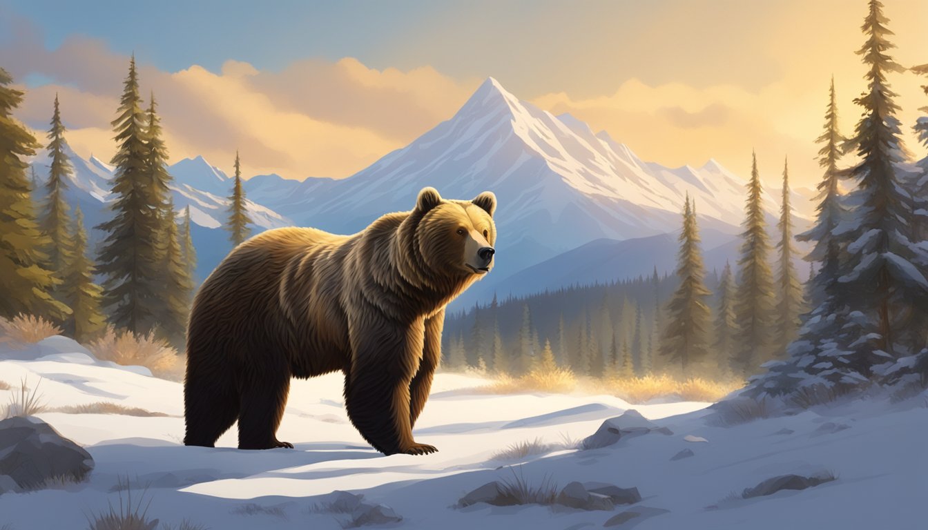 A grizzly bear stands in a forest clearing, bathed in golden sunlight, with snow-capped mountains in the background