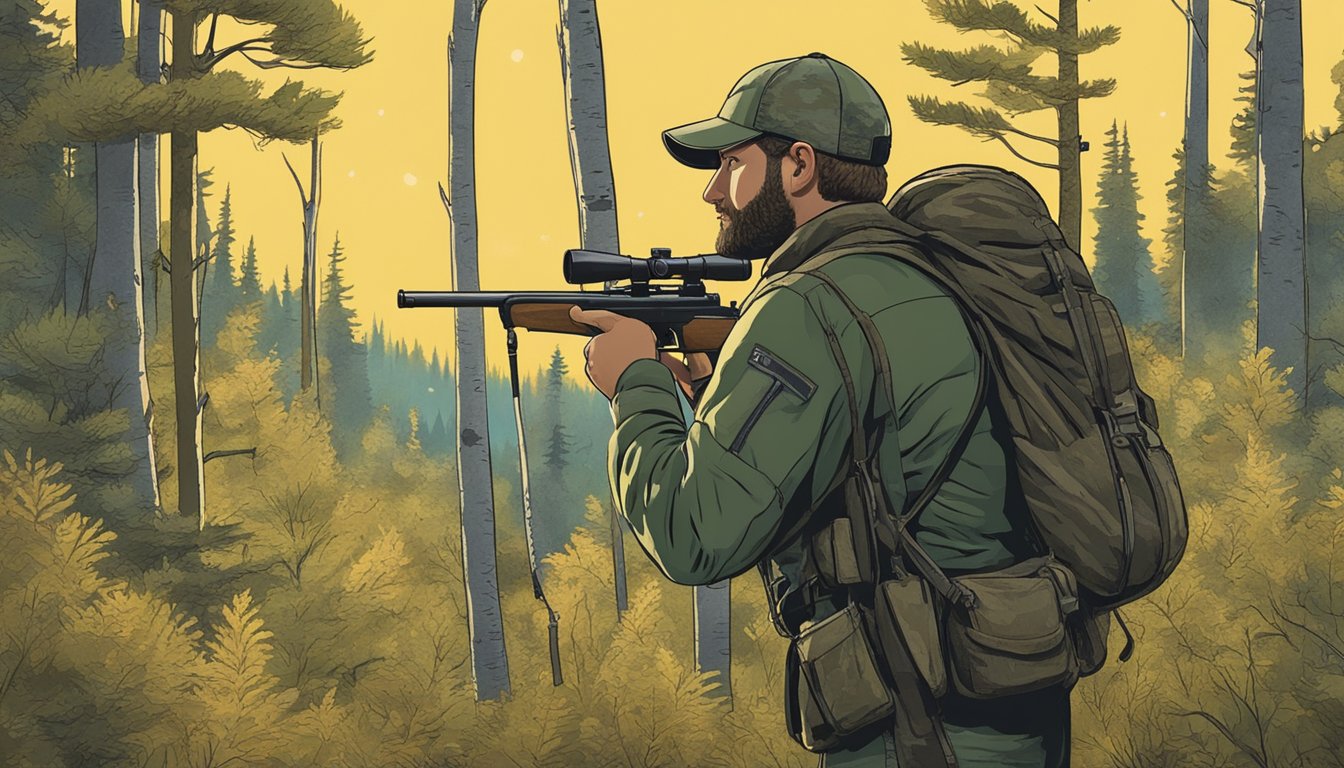 A hunter in camouflage gear stands in a forest clearing, with a rifle slung over their shoulder and a pair of binoculars in hand, scanning the horizon for signs of a grizzly bear