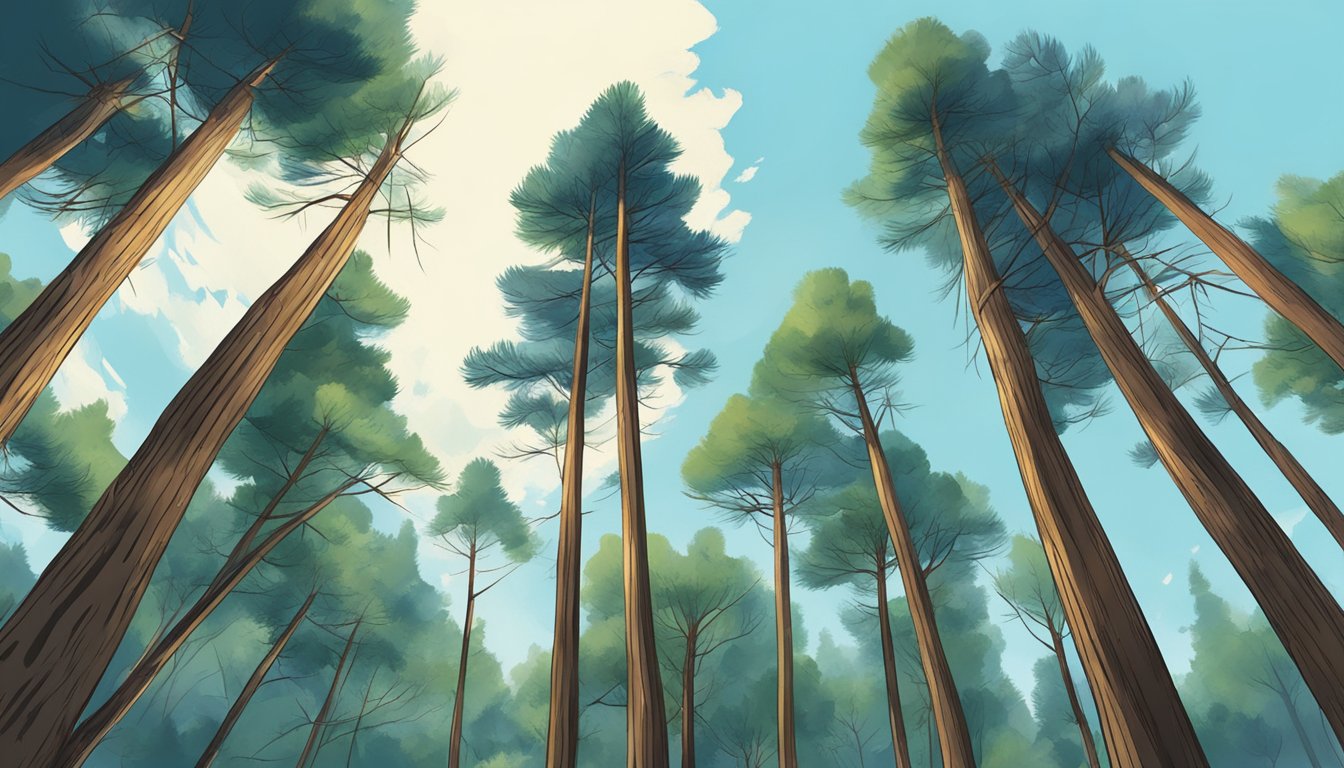 A dense forest of tall pine trees, with a clear, blue sky above and a gentle breeze rustling the leaves