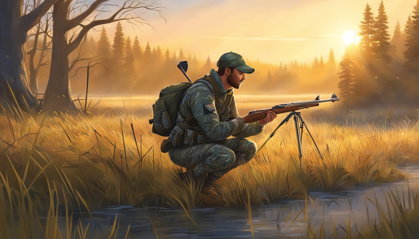 A clear, crisp morning with the sun rising over a dew-covered field. A hunter checks their gear and sets up their decoy in a secluded spot